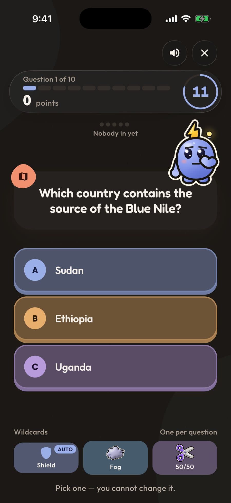 A question with three answers and a countdown